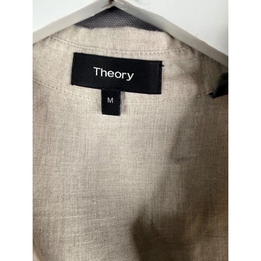 Theory Hekanina Shirt Womens M Beige Linen Tie Front Short Sleeve Minimalist - Picture 3 of 8